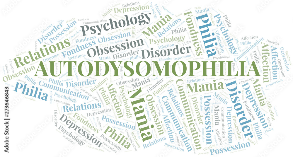 Obraz premium Autodysomophilia word cloud. Type of Philia.