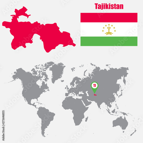 Tajikistan map on a world map with flag and map pointer. Vector illustration