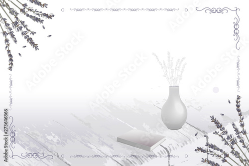 Vector card frame with lavender flowers, vase and a book