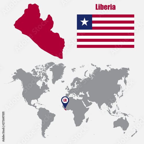 Liberia map on a world map with flag and map pointer. Vector illustration