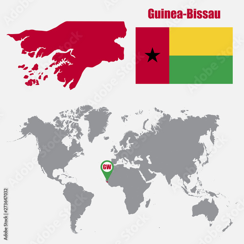 Guinea-Bissau map on a world map with flag and map pointer. Vector illustration
