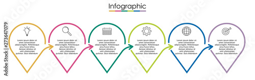 Vector infographic template with six steps or options. Illustration presentation with thin line elements icons.  Business concept graphic design can be used for web, paper brochure, diagram