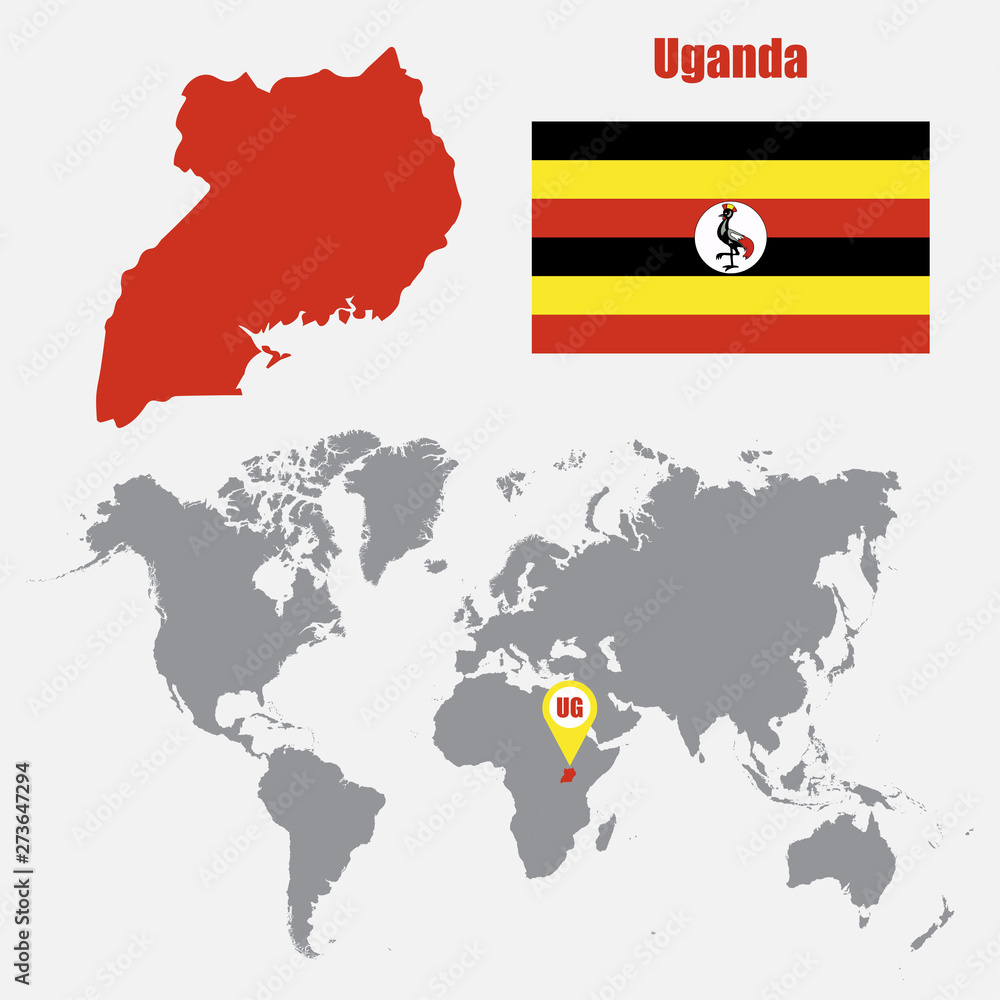 Obraz premium Uganda map on a world map with flag and map pointer. Vector illustration