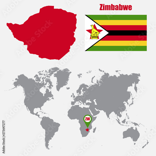 Zimbabwe map on a world map with flag and map pointer. Vector illustration