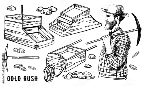 California gold rush vector hand drawn otline vintage illustration set with miner and rocker boxes