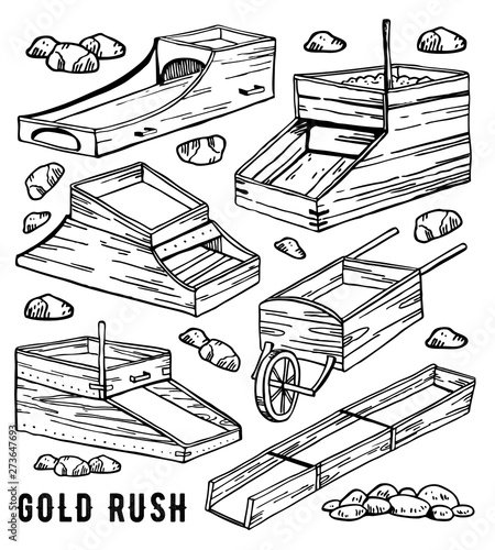 Different rocker boxes. California gold rush vintage outline vector graphic hand drawn set. Historical gold mining tools