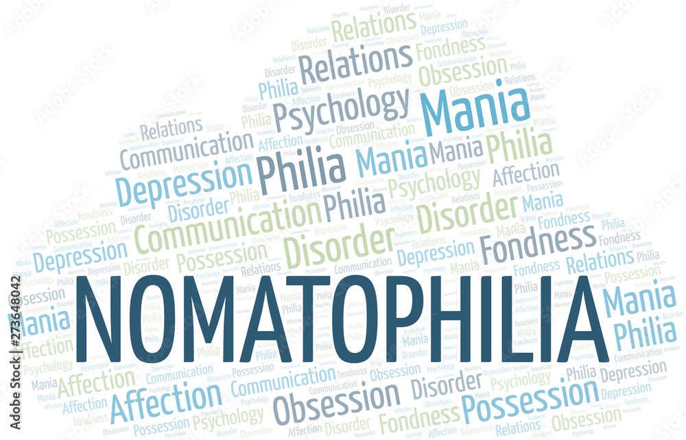 Obraz premium Nomatophilia word cloud. Type of Philia.
