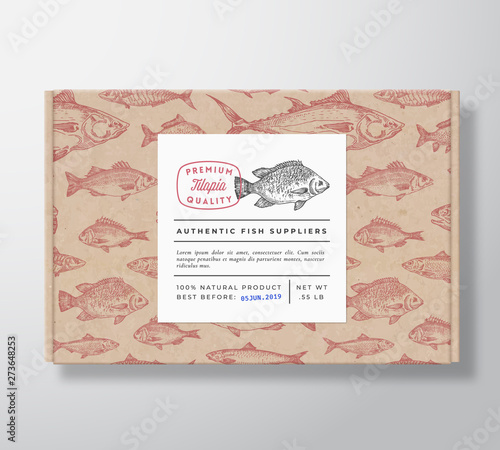 Fish Pattern Realistic Cardboard Box with Banner. Abstract Vector Packaging Design or Label. Modern Typography, Hand Drawn Tilapia Silhouette. Craft Paper Background Layout.