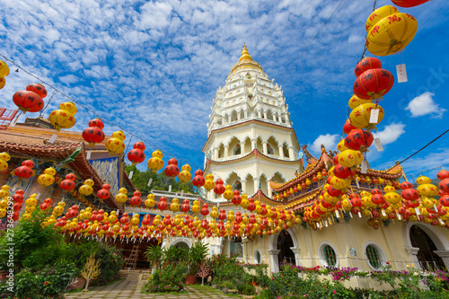 Beautiful Kek Lok Si Temple decorated with red paper lanterns in Penang island, Malaysia
