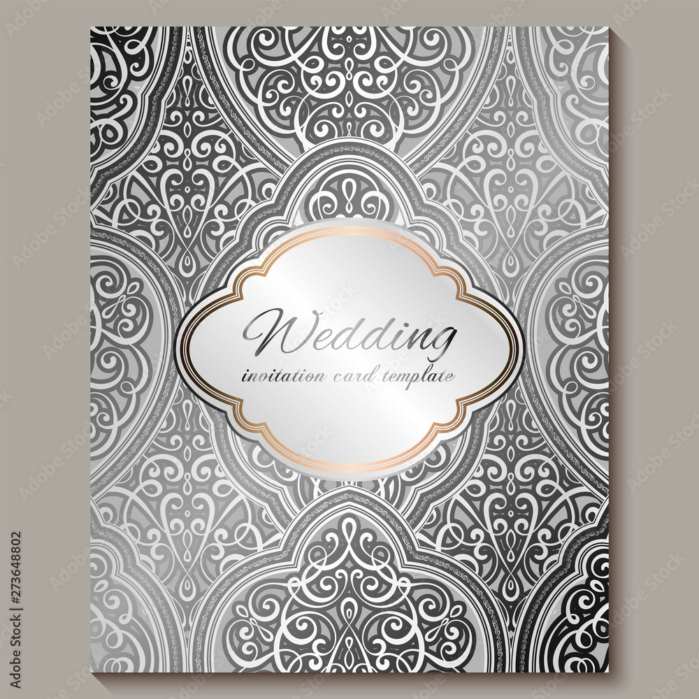 Wedding invitation card with silver shiny eastern and baroque rich foliage. Intricate Ornate islamic background for your design. Islam, Arabic, Indian, Dubai.