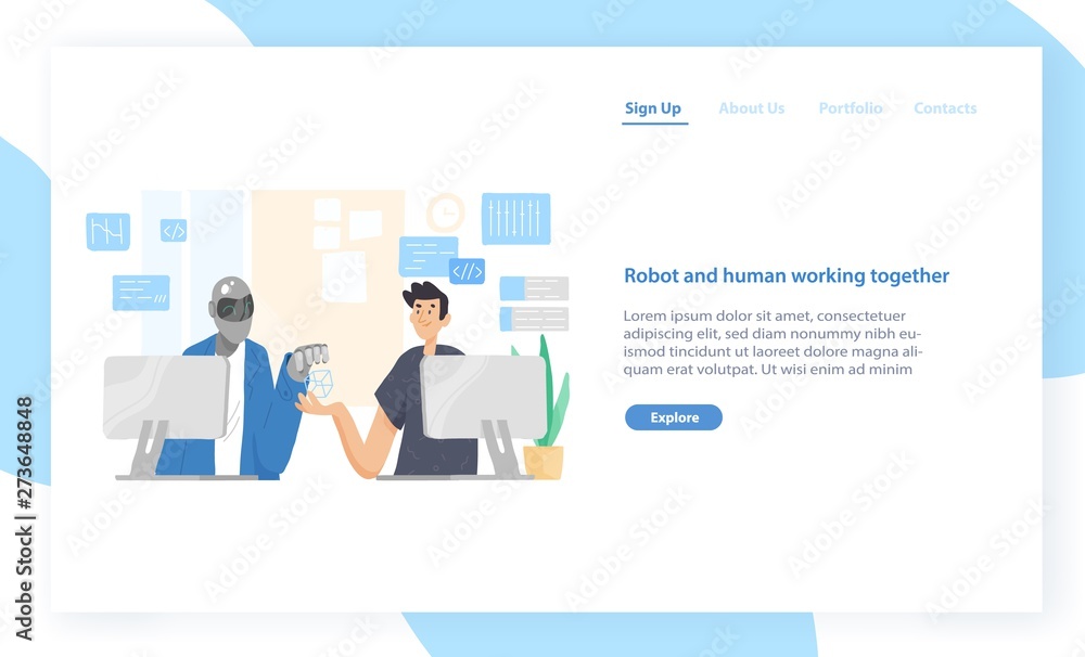 Landing page template with funny robot and man sitting at computers and working together at office. Cooperation and support between human and android. Modern flat vector illustration for website.
