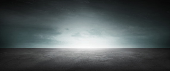 Dark Concrete Floor Background Infinite Horizon Sky Panoramic Scene