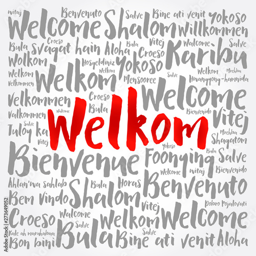 Welkom (Welcome in Afrikaans) word cloud in different languages, conceptual background