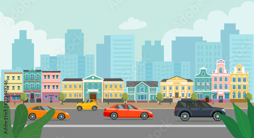 City street panoramic. City life set buildings and cars. Vector flat illustration.
