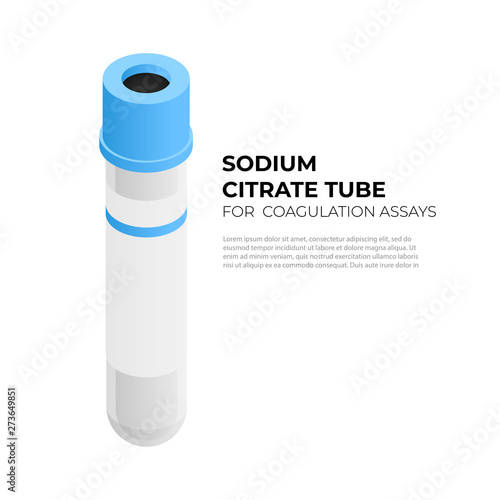 Sodium citrate tube vacutainer for coagulation assays in isometric design, vector illustration isolated on white background. Vacuum tube with blue cap infographic element, blood tube isometric icon.