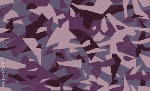 Fashion camouflage seamless background. Trendy geometric camo pattern in purple and burgundy. Clothing female style, repeat print. Design element for fabric or wallpaper. Vector