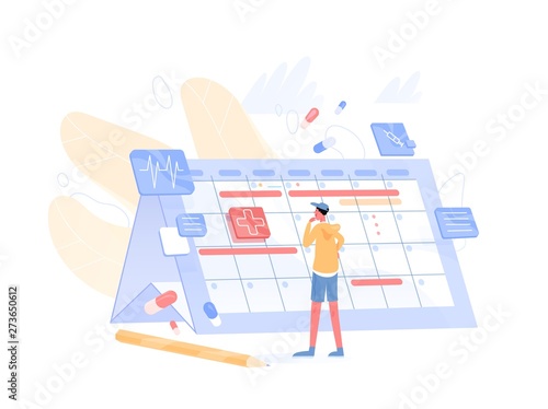 Young thoughtful man looking at giant calendar and choosing available date to visit physician. Doctor appointment scheduling. Health care or medical service. Modern flat cartoon vector illustration.