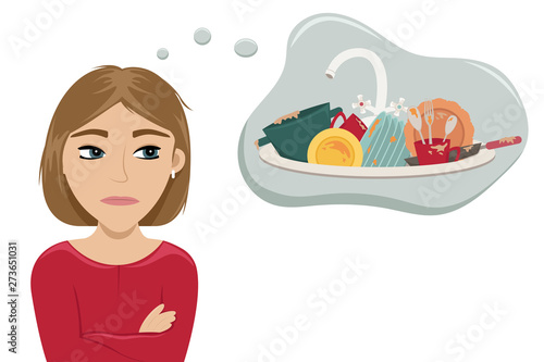 The girl complained recalls the dirty dishes in the kitchen. Home routine.