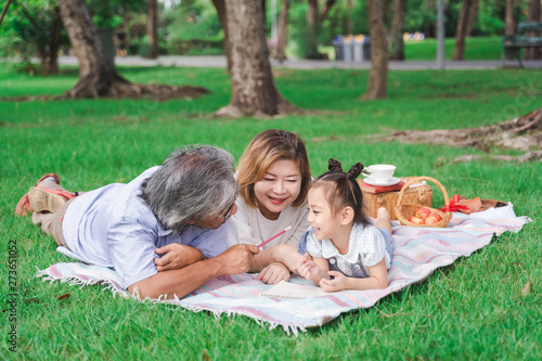 Asian grandparents and granddaughter are lying on the grass field outdoor, asian family concept © Kanpob