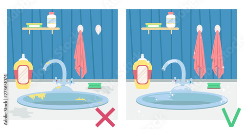 Dirty kitchen sink and clean sink. Illustration before and after. Housework.