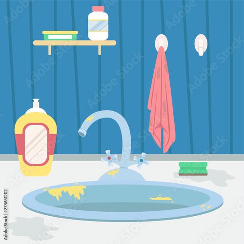 Dirty kitchen sink. Housework. Flat cartoon style vector illustration