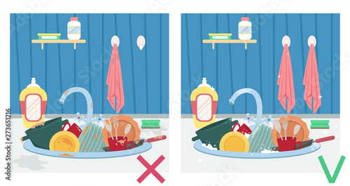 Kitchen sink with dirty dishes and clean dishes. Illustration before and after. Housework.