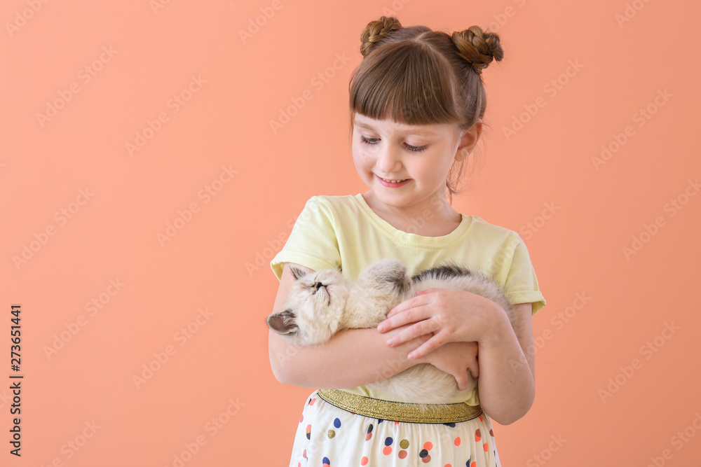 Girl with cute fluffy kitten on color background Girl with cute fluffy kitten on color background