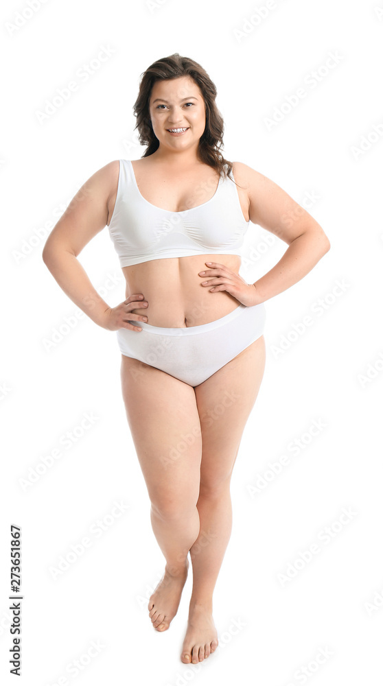 Beautiful plus size woman on white background. Concept of body positive Beautiful plus size woman on white background. Concept of body positive