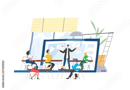 People sitting at desks in front of lecturer or speaker displaying on screen of giant laptop. Webinar, webcast, web conference, online course, internet education. Modern flat vector illustration.