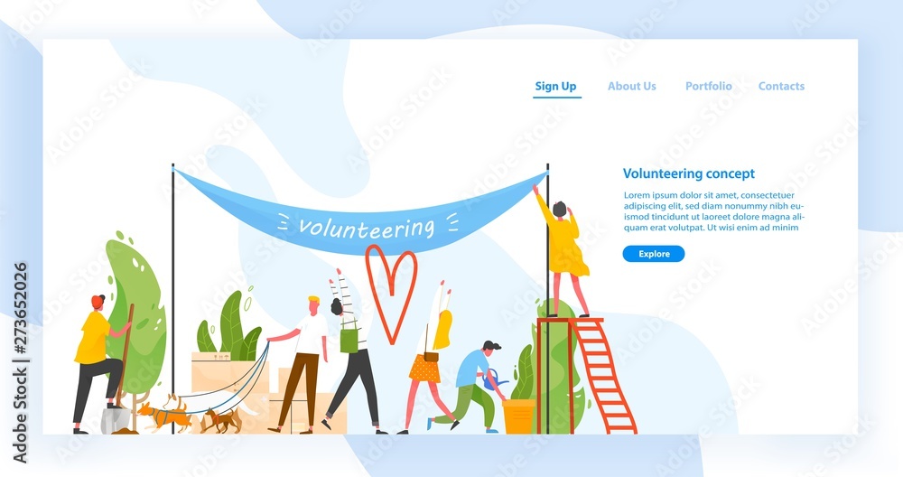 Landing page template with group of men and women taking part in volunteer organization or movement, volunteering or performing altruistic activities together. Modern flat vector illustration.