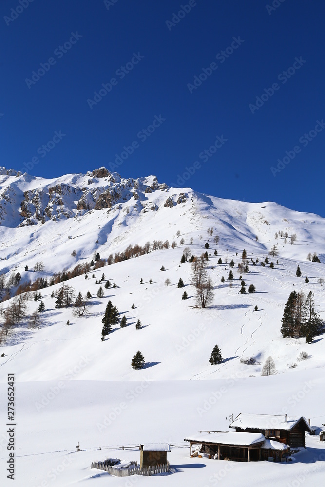 Snow-capped mountains in Trentino Alto Adige. Mountains in winter. Winter landscape in the Alps Mountains, Moena, Val di Fassa.