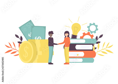 Business porters a successful team. The investor holds money in ideas. Financing of creative projects. Woman and man business handshake. Flat vector illustration.