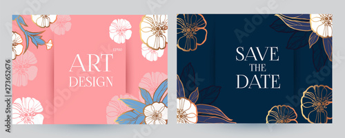 Flower Card or Cover Set. Wedding, Anniversary, Birthday Invitation. Thank You Banner. Art Nouveau Design.