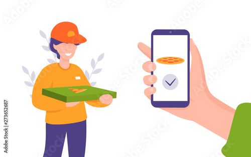 Food delivery service. Mobile application. Young male courier with pizza box. Flat editable vector illustration. 