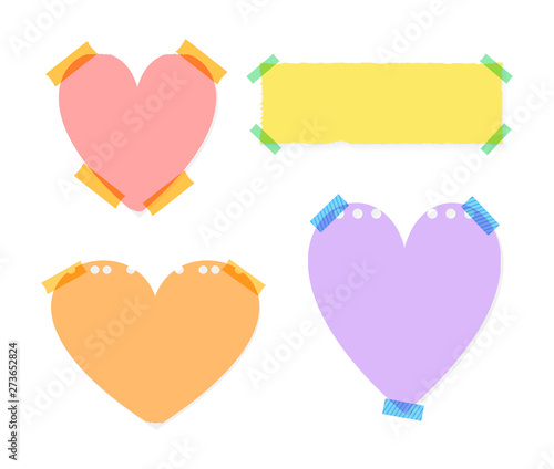 Vector Set of Heart Shaped Memo Stickers Isolated, Colorful Notes, Cute Illustration Template, Blank Frames.