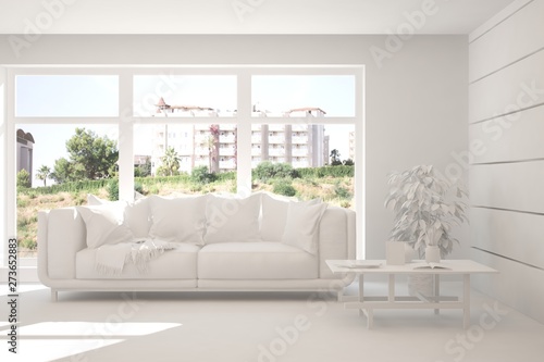 Mock up of stylish room in white color with sofa and green landscape in window. Scandinavian interior design. 3D illustration