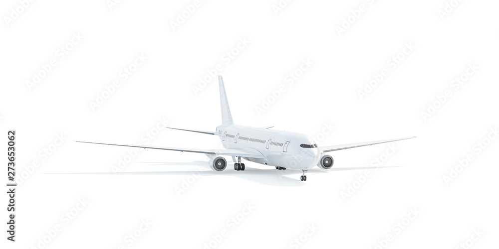 Blank white aeroplane mockup stand, front view isolated, 3d rendering. Clear plain air plane transport mock up template, depth of field. Empty avia jet model for design branding. Blank white aeroplane mockup stand, front view isolated, 3d rendering. Clear plain air plane transport mock up template, depth of field. Empty avia jet model for design branding.