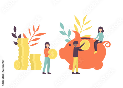 Piggy bank, investment, savings, income, money management. Concept vector illustration for banking, financial services. Small people saving and accumulating money. Flat vector illustration.