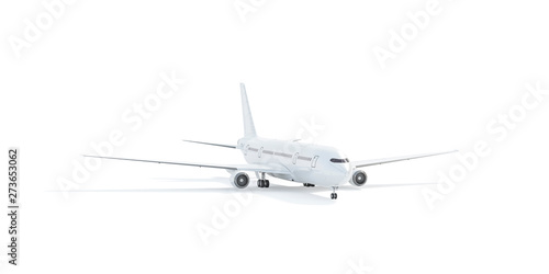 Blank white aeroplane mockup stand, front view isolated, 3d rendering. Clear plain air plane transport mock up template, depth of field. Empty avia jet model for design branding.