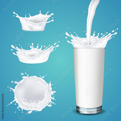 Glass of milk with splash and milk splash set, isolated on blue background.