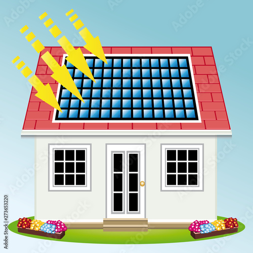 Photovoltaic solar panels on the roof of a house. Vector illustration.	