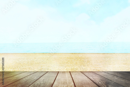 Table top with beach background  sky and cloud in sunny day for product display job showing. Wooden table for display or montage your products.