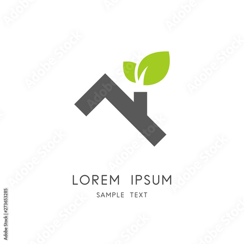 Roof eco logo - house or home with chimney and green leaves symbol. Ecology and environment vector icon.