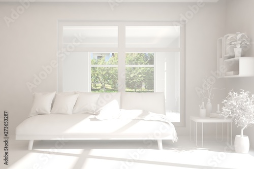 Mock up of stylish room in white color with sofa. Scandinavian interior design. 3D illustration