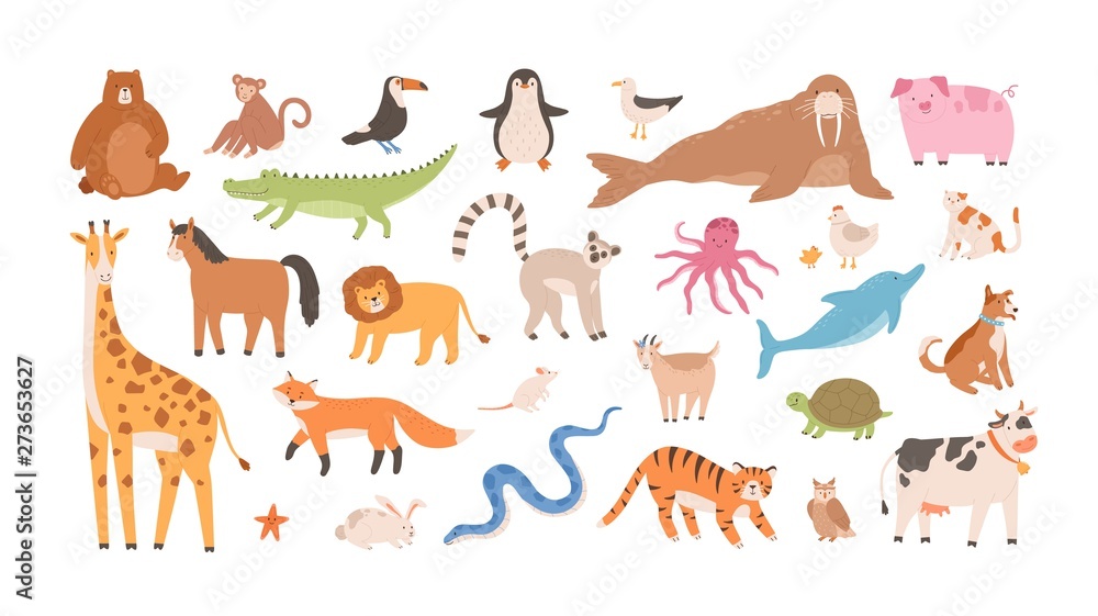 Obraz Collection of funny adorable wild exotic and domestic animals - cute mammals, reptiles, birds isolated on white background. Set of childish design elements. Vector illustration in flat cartoon style.
