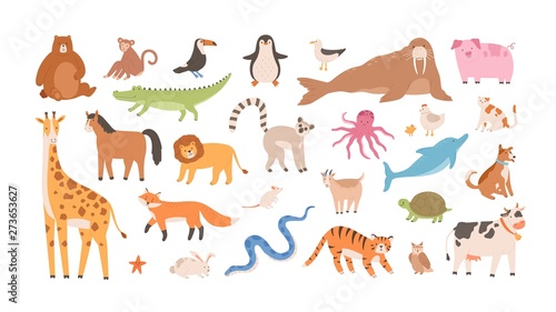 Fototapeta Naklejka Na Ścianę i Meble -  Collection of funny adorable wild exotic and domestic animals - cute mammals, reptiles, birds isolated on white background. Set of childish design elements. Vector illustration in flat cartoon style.