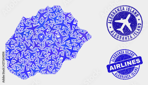 Aviation vector Alegranza Island map composition and scratched watermarks. Abstract Alegranza Island map is designed with blue flat scattered aviation symbols and map markers.