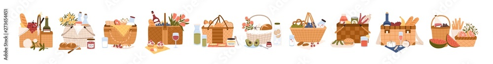 Collection of picnic baskets full of delicious meals and snacks for outdoor dining. Bundle of hampers for food storage isolated on white background. Colorful flat cartoon vector illustration. Collection of picnic baskets full of delicious meals and snacks for outdoor dining. Bundle of hampers for food storage isolated on white background. Colorful flat cartoon vector illustration.