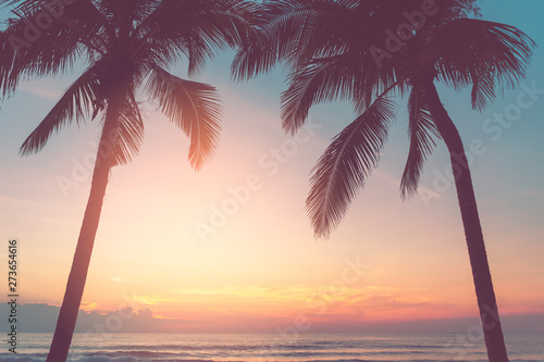 Beautiful tropical beach with palm tree on sunset twilight sky clouds abstract background. © tonktiti
