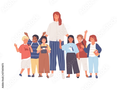 Group of joyful schoolchildren or pupils and female teacher standing together. Young woman and cute happy kids isolated on white background. Colorful vector illustration in flat cartoon style.